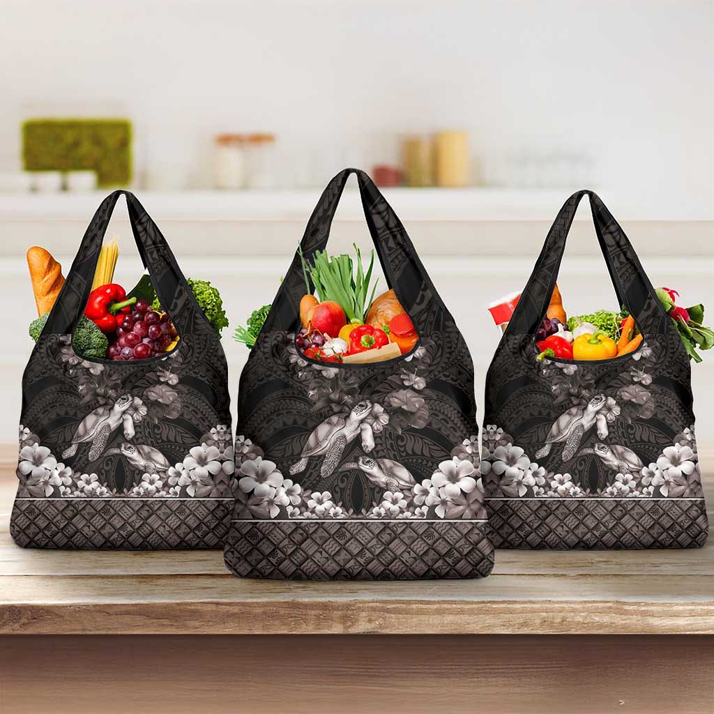 Hawaiian Lei Turtle and Plumeria Grocery Bag Polynerian Art Tattoo-Grayscale Mode