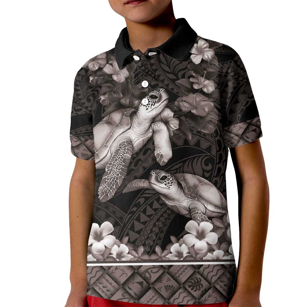Hawaiian Lei Turtle and Plumeria Kid Polo Shirt Polynerian Art Tattoo-Grayscale Mode