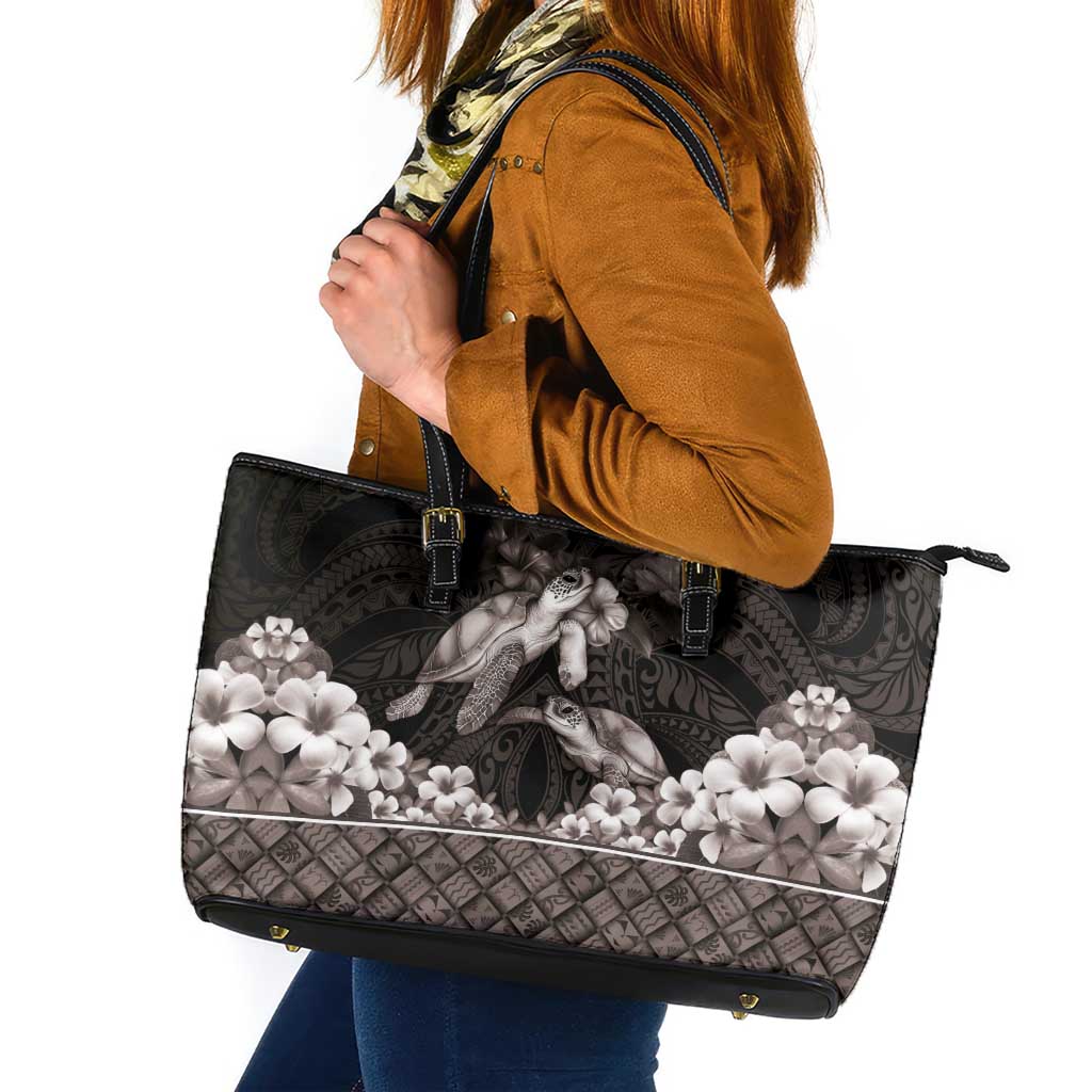 Hawaiian Lei Turtle and Plumeria Leather Tote Bag Polynerian Art Tattoo-Grayscale Mode LT03 Black - Polynesian Pride