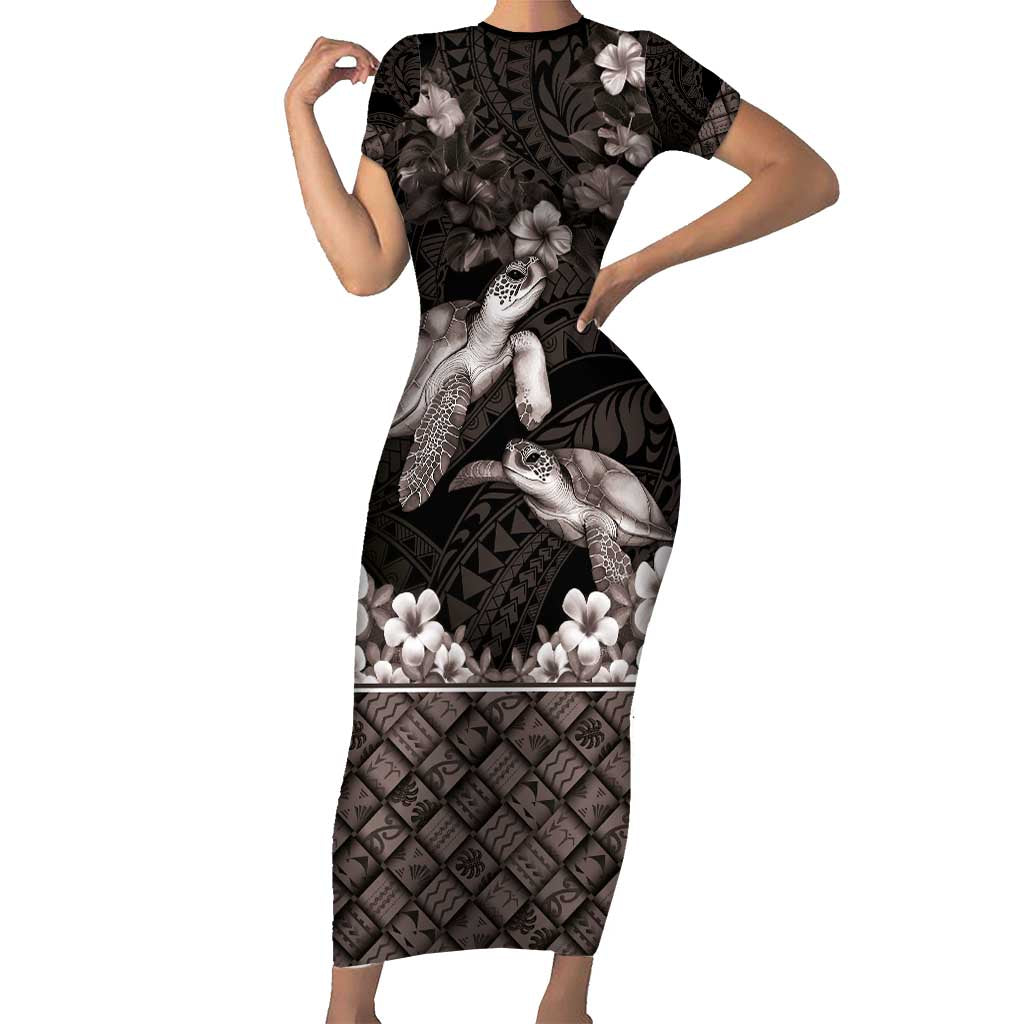 Hawaiian Lei Turtle and Plumeria Short Sleeve Bodycon Dress Polynerian Art Tattoo-Grayscale Mode