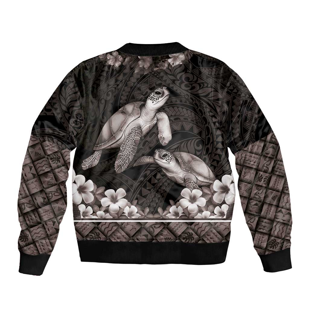 Hawaiian Lei Turtle and Plumeria Sleeve Zip Bomber Jacket Polynerian Art Tattoo-Grayscale Mode