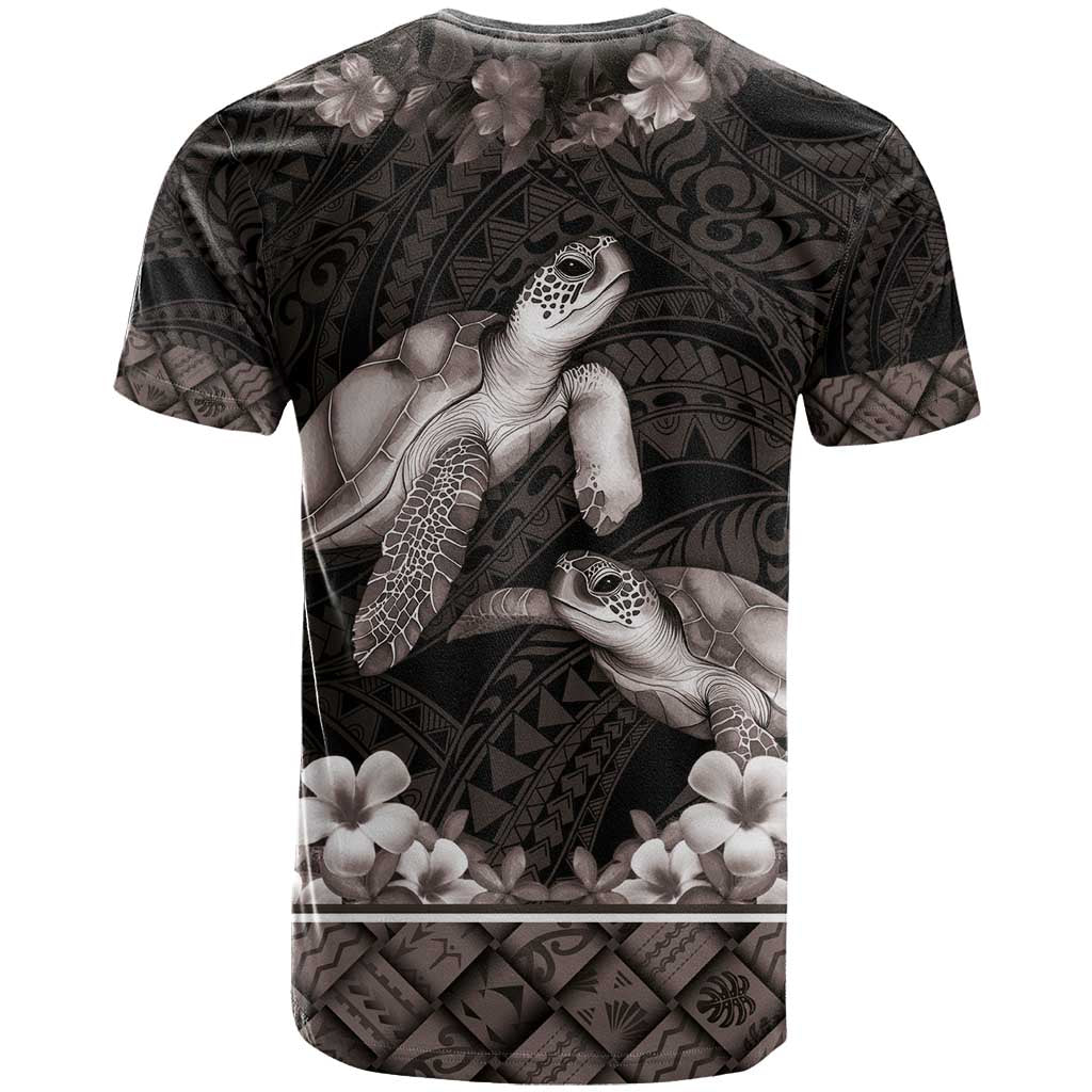 Hawaiian Lei Turtle and Plumeria T Shirt Polynerian Art Tattoo-Grayscale Mode