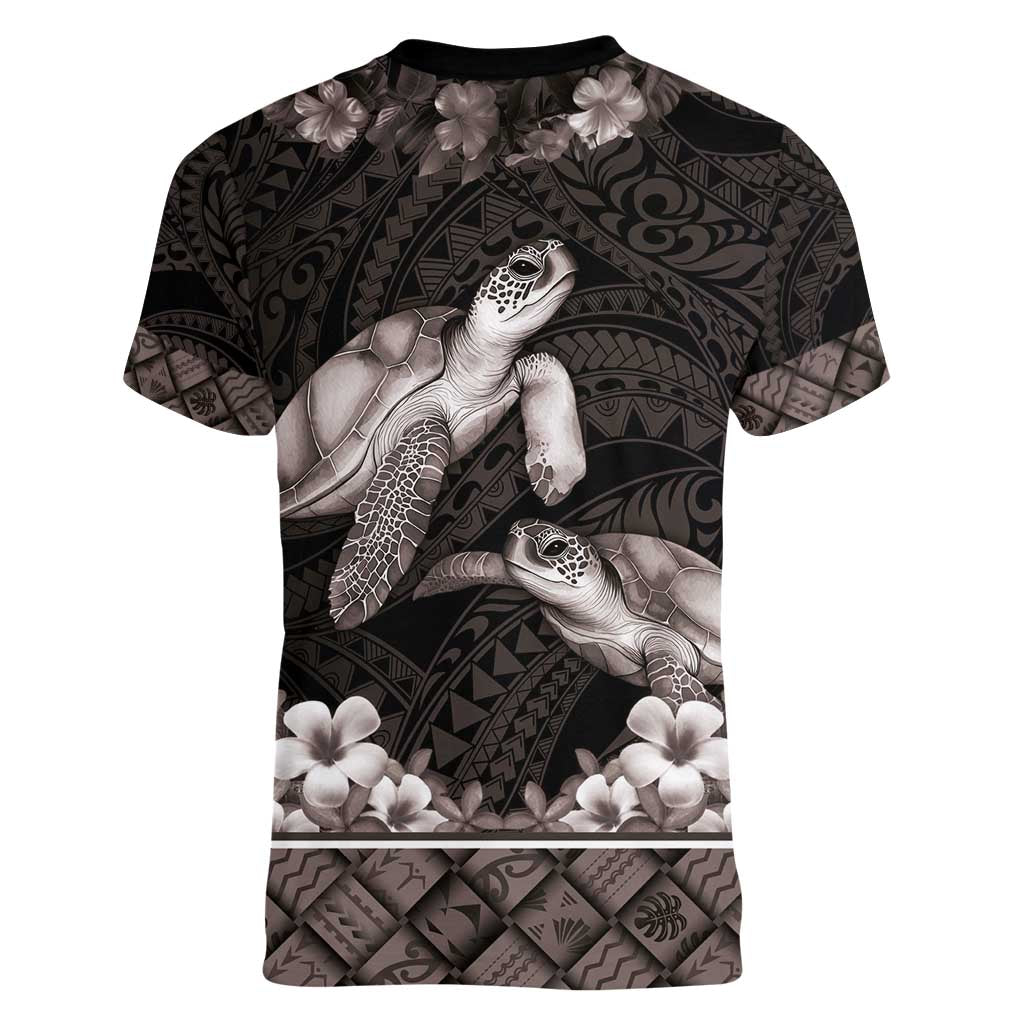 Hawaiian Lei Turtle and Plumeria Women V-Neck T-Shirt Polynerian Art Tattoo-Grayscale Mode