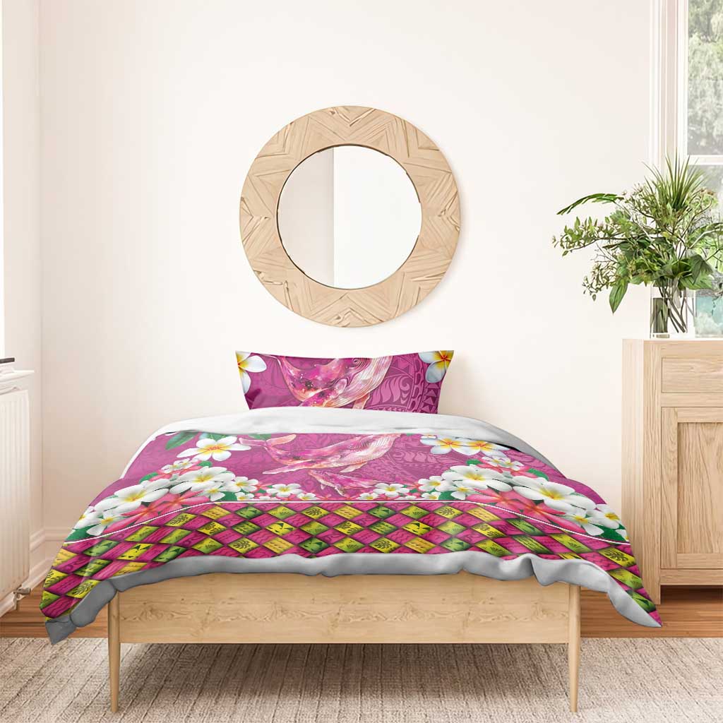 Hawaiian Plumeria and Humpback Whales Bedding Set Polynerian Art Tattoo-Plum Pink Color
