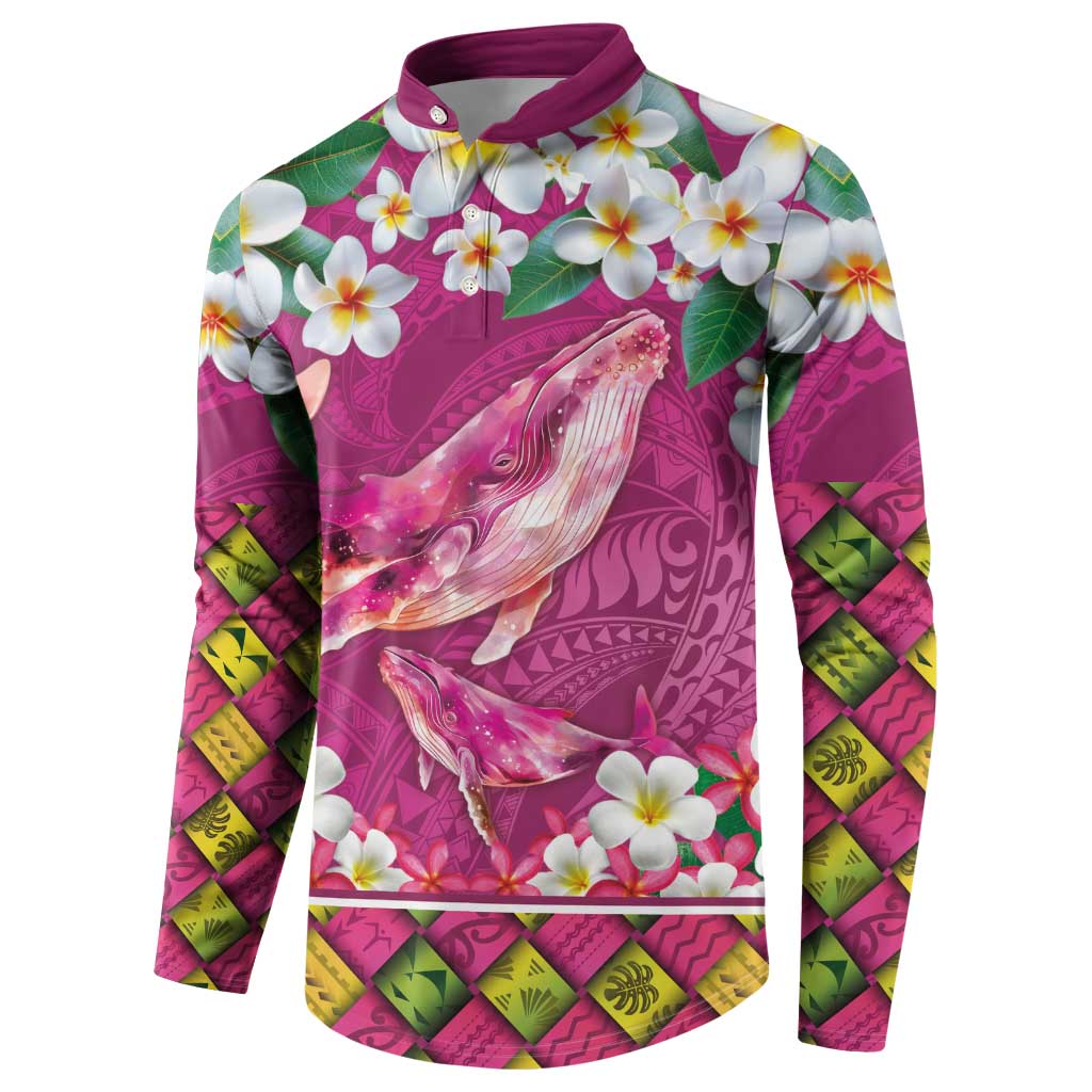 Hawaiian Plumeria and Humpback Whales Button Sweatshirt Polynerian Art Tattoo-Plum Pink Color