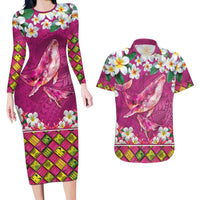 Hawaiian Plumeria and Humpback Whales Couples Matching Long Sleeve Bodycon Dress and Hawaiian Shirt Polynerian Art Tattoo-Plum Pink Color LT03 Pink - Polynesian Pride