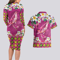 Hawaiian Plumeria and Humpback Whales Couples Matching Long Sleeve Bodycon Dress and Hawaiian Shirt Polynerian Art Tattoo-Plum Pink Color LT03 - Polynesian Pride