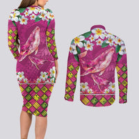 Hawaiian Plumeria and Humpback Whales Couples Matching Long Sleeve Bodycon Dress and Long Sleeve Button Shirt Polynerian Art Tattoo-Plum Pink Color LT03 - Polynesian Pride