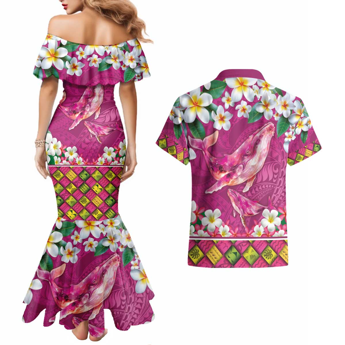 Hawaiian Plumeria and Humpback Whales Couples Matching Mermaid Dress and Hawaiian Shirt Polynerian Art Tattoo-Plum Pink Color LT03 - Polynesian Pride