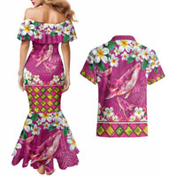 Hawaiian Plumeria and Humpback Whales Couples Matching Mermaid Dress and Hawaiian Shirt Polynerian Art Tattoo-Plum Pink Color LT03 - Polynesian Pride