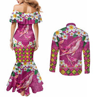 Hawaiian Plumeria and Humpback Whales Couples Matching Mermaid Dress and Long Sleeve Button Shirt Polynerian Art Tattoo-Plum Pink Color LT03 - Polynesian Pride