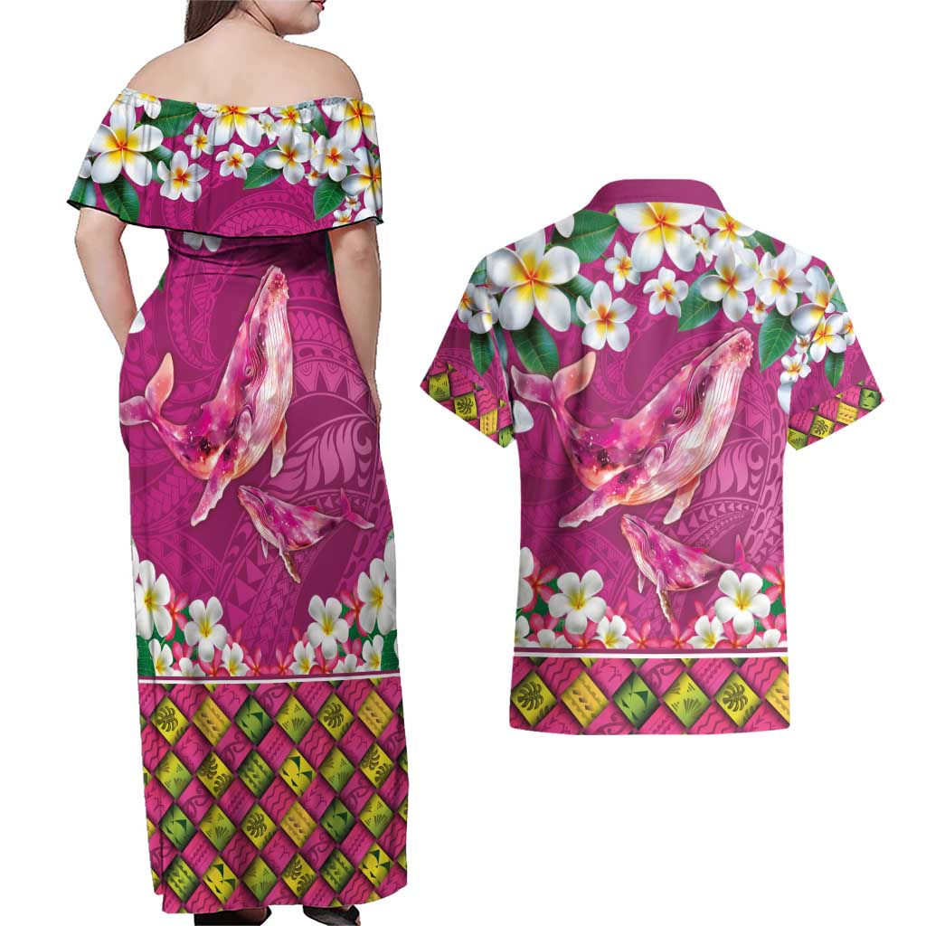 Hawaiian Plumeria and Humpback Whales Couples Matching Off Shoulder Maxi Dress and Hawaiian Shirt Polynerian Art Tattoo-Plum Pink Color LT03 - Polynesian Pride