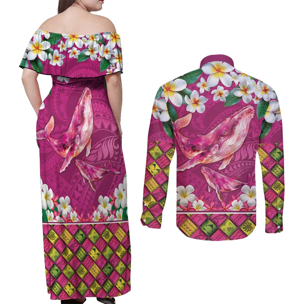 Hawaiian Plumeria and Humpback Whales Couples Matching Off Shoulder Maxi Dress and Long Sleeve Button Shirt Polynerian Art Tattoo-Plum Pink Color LT03 - Polynesian Pride
