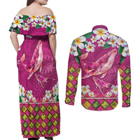 Hawaiian Plumeria and Humpback Whales Couples Matching Off Shoulder Maxi Dress and Long Sleeve Button Shirt Polynerian Art Tattoo-Plum Pink Color LT03 - Polynesian Pride