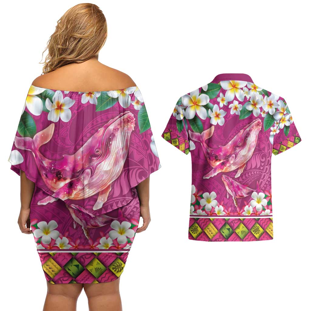 Hawaiian Plumeria and Humpback Whales Couples Matching Off Shoulder Short Dress and Hawaiian Shirt Polynerian Art Tattoo-Plum Pink Color LT03 - Polynesian Pride