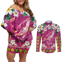 Hawaiian Plumeria and Humpback Whales Couples Matching Off Shoulder Short Dress and Long Sleeve Button Shirt Polynerian Art Tattoo-Plum Pink Color LT03 Pink - Polynesian Pride