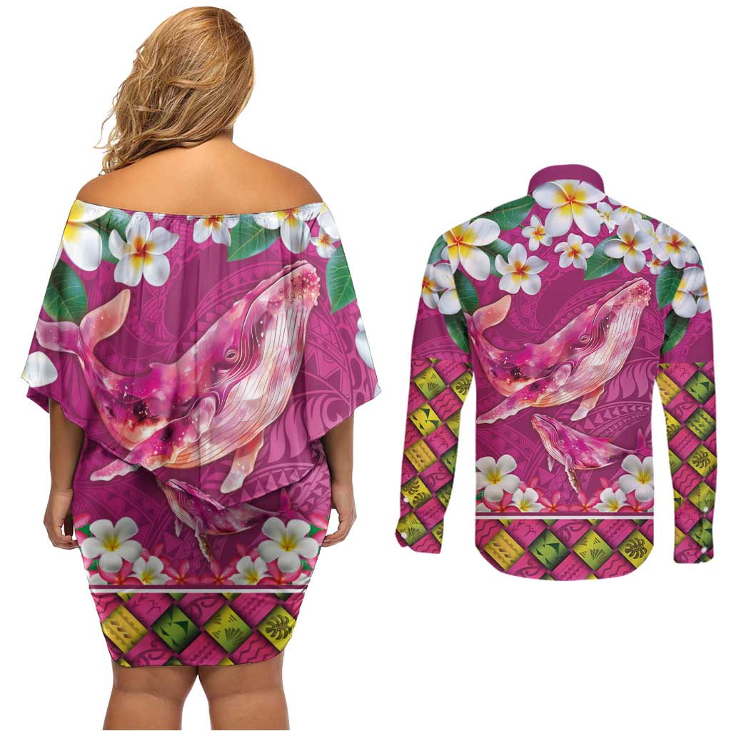 Hawaiian Plumeria and Humpback Whales Couples Matching Off Shoulder Short Dress and Long Sleeve Button Shirt Polynerian Art Tattoo-Plum Pink Color LT03 - Polynesian Pride