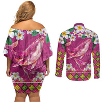 Hawaiian Plumeria and Humpback Whales Couples Matching Off Shoulder Short Dress and Long Sleeve Button Shirt Polynerian Art Tattoo-Plum Pink Color LT03 - Polynesian Pride