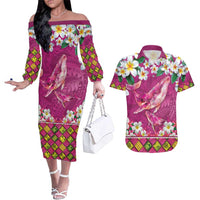 Hawaiian Plumeria and Humpback Whales Couples Matching Off The Shoulder Long Sleeve Dress and Hawaiian Shirt Polynerian Art Tattoo-Plum Pink Color LT03 Pink - Polynesian Pride