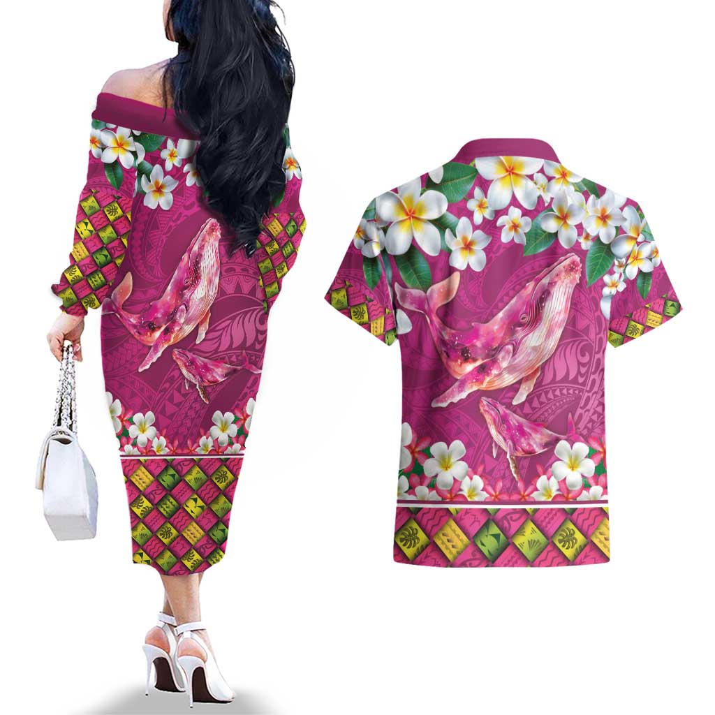 Hawaiian Plumeria and Humpback Whales Couples Matching Off The Shoulder Long Sleeve Dress and Hawaiian Shirt Polynerian Art Tattoo-Plum Pink Color LT03 - Polynesian Pride