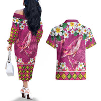 Hawaiian Plumeria and Humpback Whales Couples Matching Off The Shoulder Long Sleeve Dress and Hawaiian Shirt Polynerian Art Tattoo-Plum Pink Color LT03 - Polynesian Pride