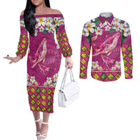 Hawaiian Plumeria and Humpback Whales Couples Matching Off The Shoulder Long Sleeve Dress and Long Sleeve Button Shirt Polynerian Art Tattoo-Plum Pink Color LT03 Pink - Polynesian Pride