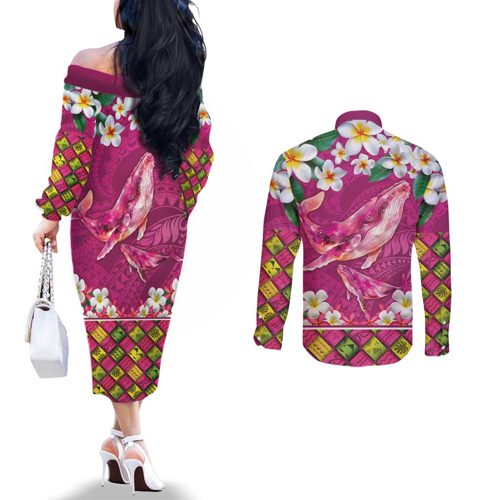 Hawaiian Plumeria and Humpback Whales Couples Matching Off The Shoulder Long Sleeve Dress and Long Sleeve Button Shirt Polynerian Art Tattoo-Plum Pink Color LT03 - Polynesian Pride