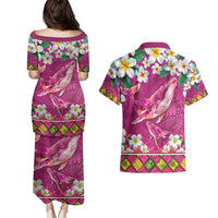 Hawaiian Plumeria and Humpback Whales Couples Matching Puletasi and Hawaiian Shirt Polynerian Art Tattoo-Plum Pink Color LT03 - Polynesian Pride