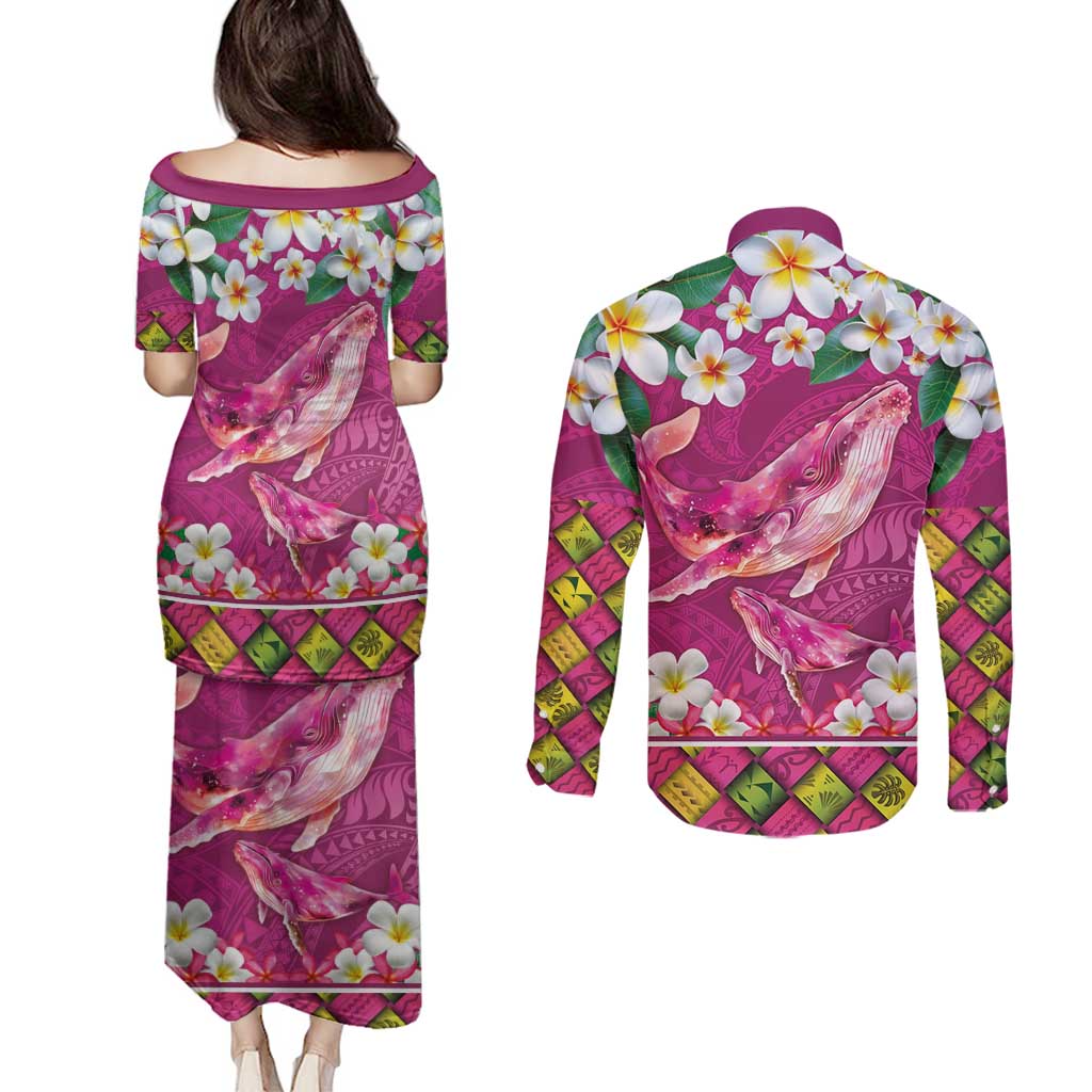 Hawaiian Plumeria and Humpback Whales Couples Matching Puletasi and Long Sleeve Button Shirt Polynerian Art Tattoo-Plum Pink Color