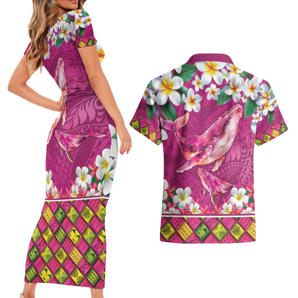 Hawaiian Plumeria and Humpback Whales Couples Matching Short Sleeve Bodycon Dress and Hawaiian Shirt Polynerian Art Tattoo-Plum Pink Color LT03 - Polynesian Pride