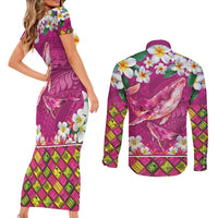 Hawaiian Plumeria and Humpback Whales Couples Matching Short Sleeve Bodycon Dress and Long Sleeve Button Shirt Polynerian Art Tattoo-Plum Pink Color LT03 - Polynesian Pride