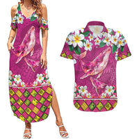 Hawaiian Plumeria and Humpback Whales Couples Matching Summer Maxi Dress and Hawaiian Shirt Polynerian Art Tattoo-Plum Pink Color LT03 Pink - Polynesian Pride