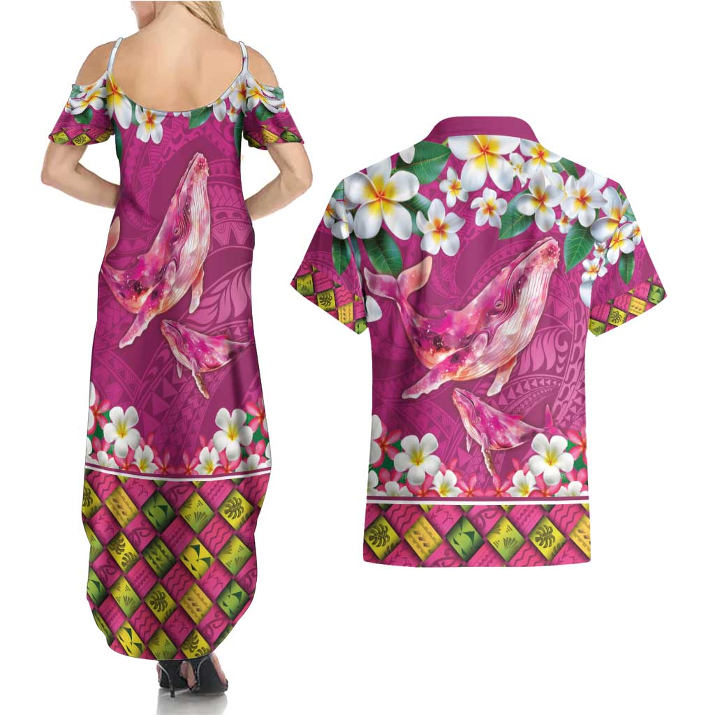 Hawaiian Plumeria and Humpback Whales Couples Matching Summer Maxi Dress and Hawaiian Shirt Polynerian Art Tattoo-Plum Pink Color LT03 - Polynesian Pride