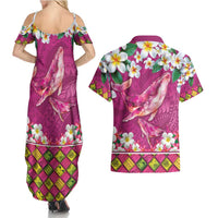 Hawaiian Plumeria and Humpback Whales Couples Matching Summer Maxi Dress and Hawaiian Shirt Polynerian Art Tattoo-Plum Pink Color LT03 - Polynesian Pride