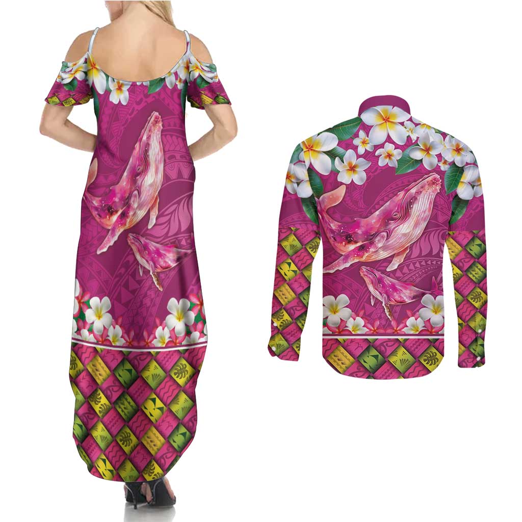 Hawaiian Plumeria and Humpback Whales Couples Matching Summer Maxi Dress and Long Sleeve Button Shirt Polynerian Art Tattoo-Plum Pink Color LT03 - Polynesian Pride