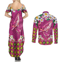 Hawaiian Plumeria and Humpback Whales Couples Matching Summer Maxi Dress and Long Sleeve Button Shirt Polynerian Art Tattoo-Plum Pink Color LT03 - Polynesian Pride