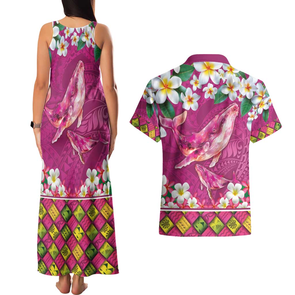 Hawaiian Plumeria and Humpback Whales Couples Matching Tank Maxi Dress and Hawaiian Shirt Polynerian Art Tattoo-Plum Pink Color LT03 - Polynesian Pride