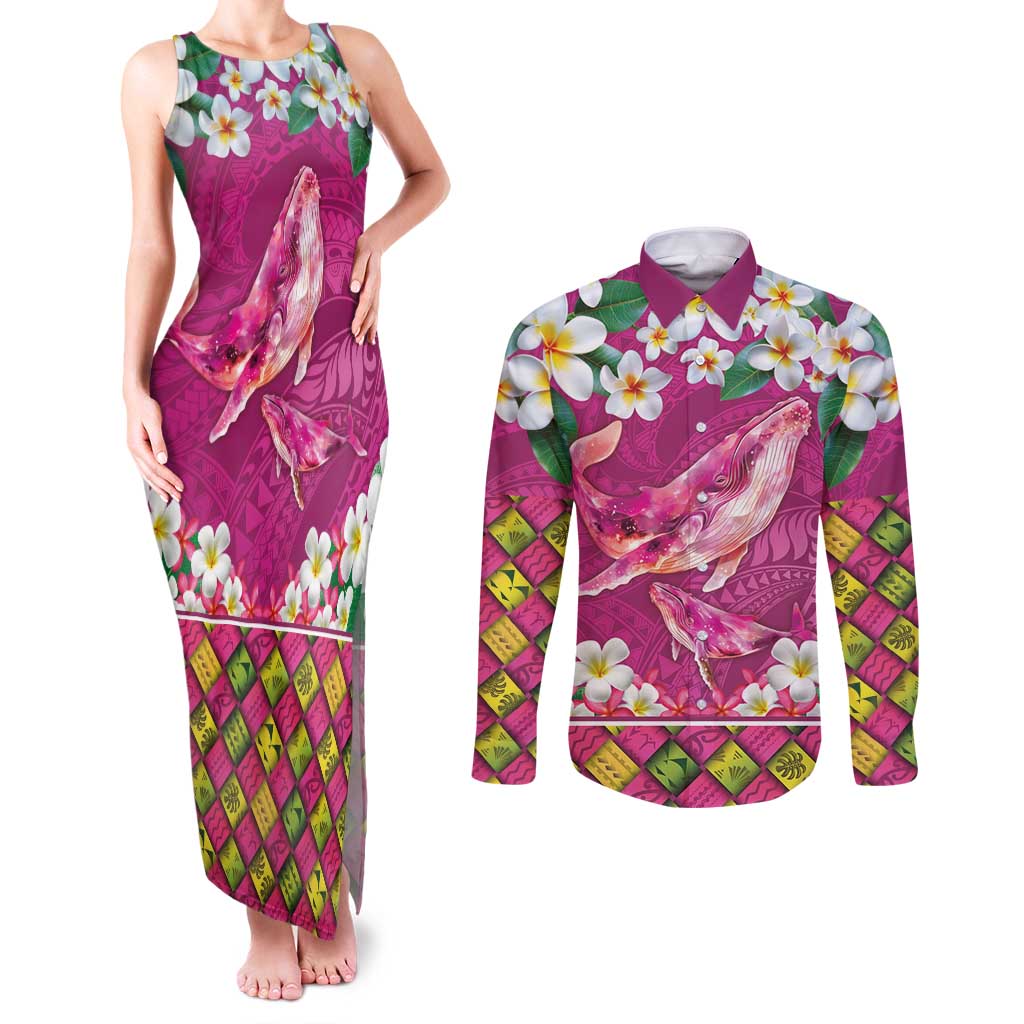 Hawaiian Plumeria and Humpback Whales Couples Matching Tank Maxi Dress and Long Sleeve Button Shirt Polynerian Art Tattoo-Plum Pink Color LT03 Pink - Polynesian Pride