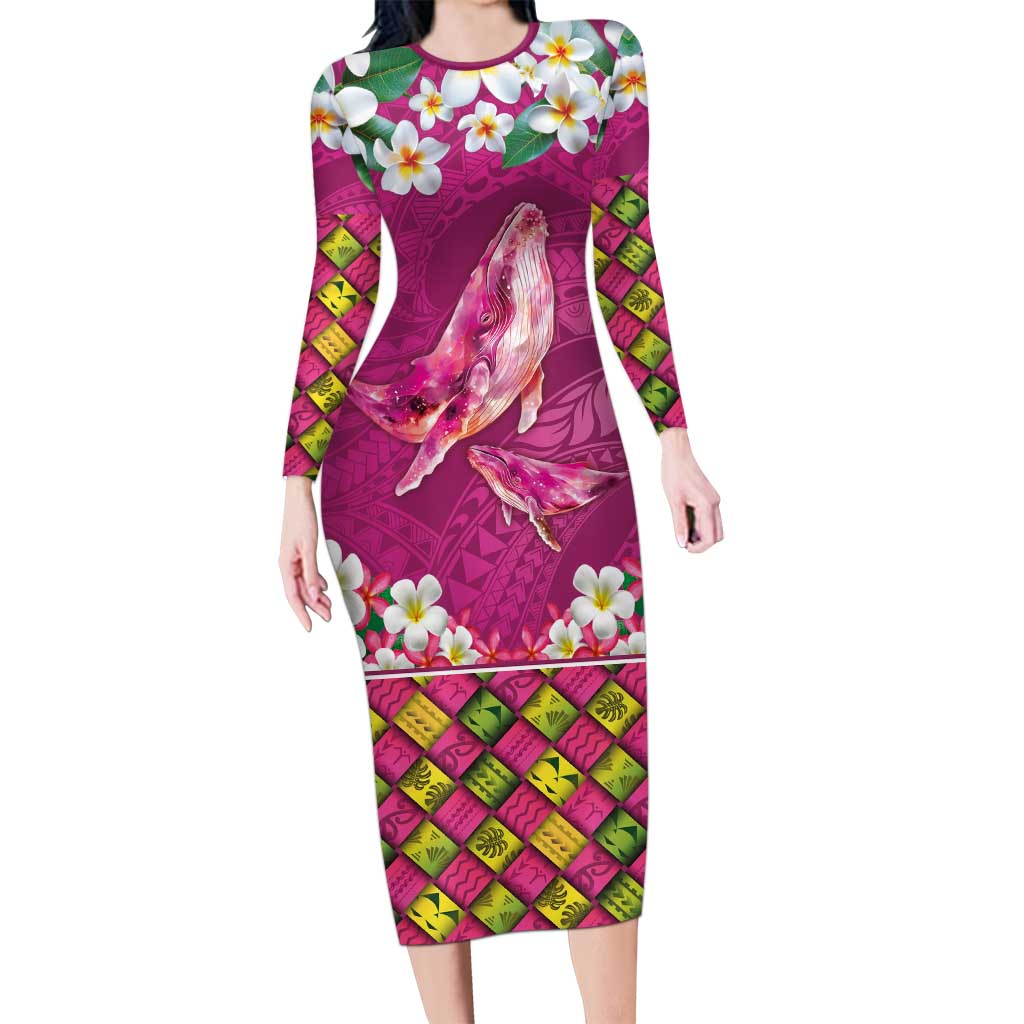 Hawaiian Plumeria and Humpback Whales Family Matching Long Sleeve Bodycon Dress and Hawaiian Shirt Polynerian Art Tattoo-Plum Pink Color LT03 Mom's Dress Pink - Polynesian Pride