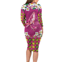 Hawaiian Plumeria and Humpback Whales Family Matching Long Sleeve Bodycon Dress and Hawaiian Shirt Polynerian Art Tattoo-Plum Pink Color LT03 - Polynesian Pride