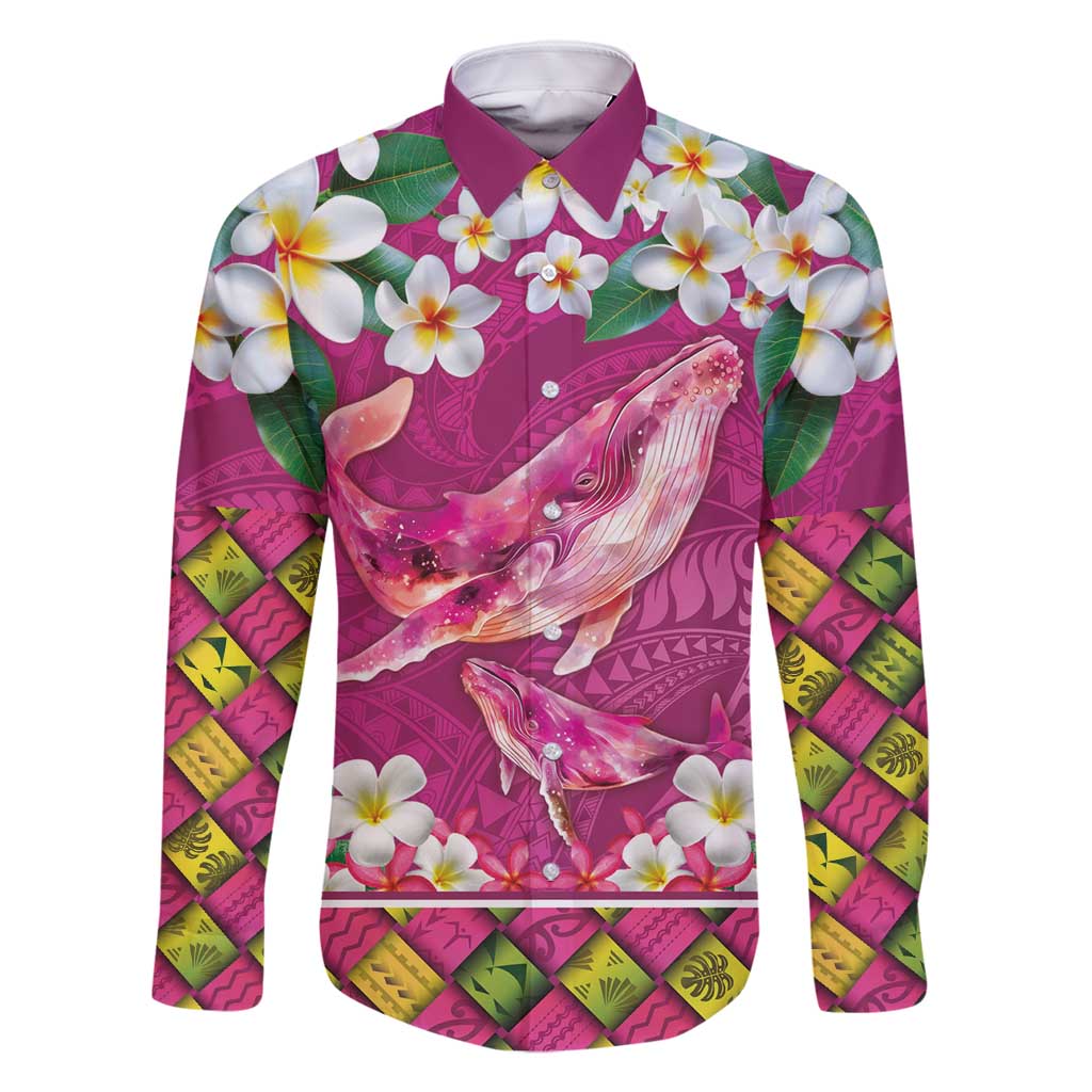 Hawaiian Plumeria and Humpback Whales Family Matching Mermaid Dress and Hawaiian Shirt Polynerian Art Tattoo-Plum Pink Color LT03 Dad's Shirt - Long Sleeve Pink - Polynesian Pride