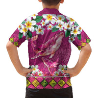 Hawaiian Plumeria and Humpback Whales Family Matching Off The Shoulder Long Sleeve Dress and Hawaiian Shirt Polynerian Art Tattoo-Plum Pink Color LT03 - Polynesian Pride