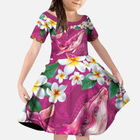 Hawaiian Plumeria and Humpback Whales Family Matching Off The Shoulder Long Sleeve Dress and Hawaiian Shirt Polynerian Art Tattoo-Plum Pink Color LT03 Daughter's Dress Pink - Polynesian Pride