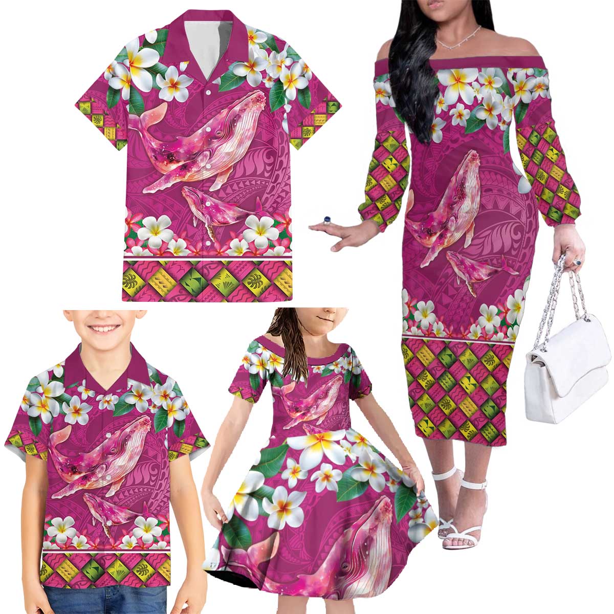 Hawaiian Plumeria and Humpback Whales Family Matching Off The Shoulder Long Sleeve Dress and Hawaiian Shirt Polynerian Art Tattoo-Plum Pink Color LT03 - Polynesian Pride
