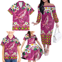 Hawaiian Plumeria and Humpback Whales Family Matching Off The Shoulder Long Sleeve Dress and Hawaiian Shirt Polynerian Art Tattoo-Plum Pink Color LT03 - Polynesian Pride