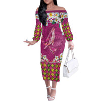 Hawaiian Plumeria and Humpback Whales Family Matching Off The Shoulder Long Sleeve Dress and Hawaiian Shirt Polynerian Art Tattoo-Plum Pink Color LT03 Mom's Dress Pink - Polynesian Pride