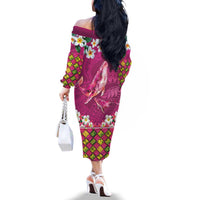 Hawaiian Plumeria and Humpback Whales Family Matching Off The Shoulder Long Sleeve Dress and Hawaiian Shirt Polynerian Art Tattoo-Plum Pink Color LT03 - Polynesian Pride