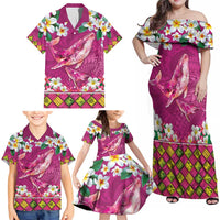 Hawaiian Plumeria and Humpback Whales Family Matching Off Shoulder Maxi Dress and Hawaiian Shirt Polynerian Art Tattoo-Plum Pink Color LT03 - Polynesian Pride