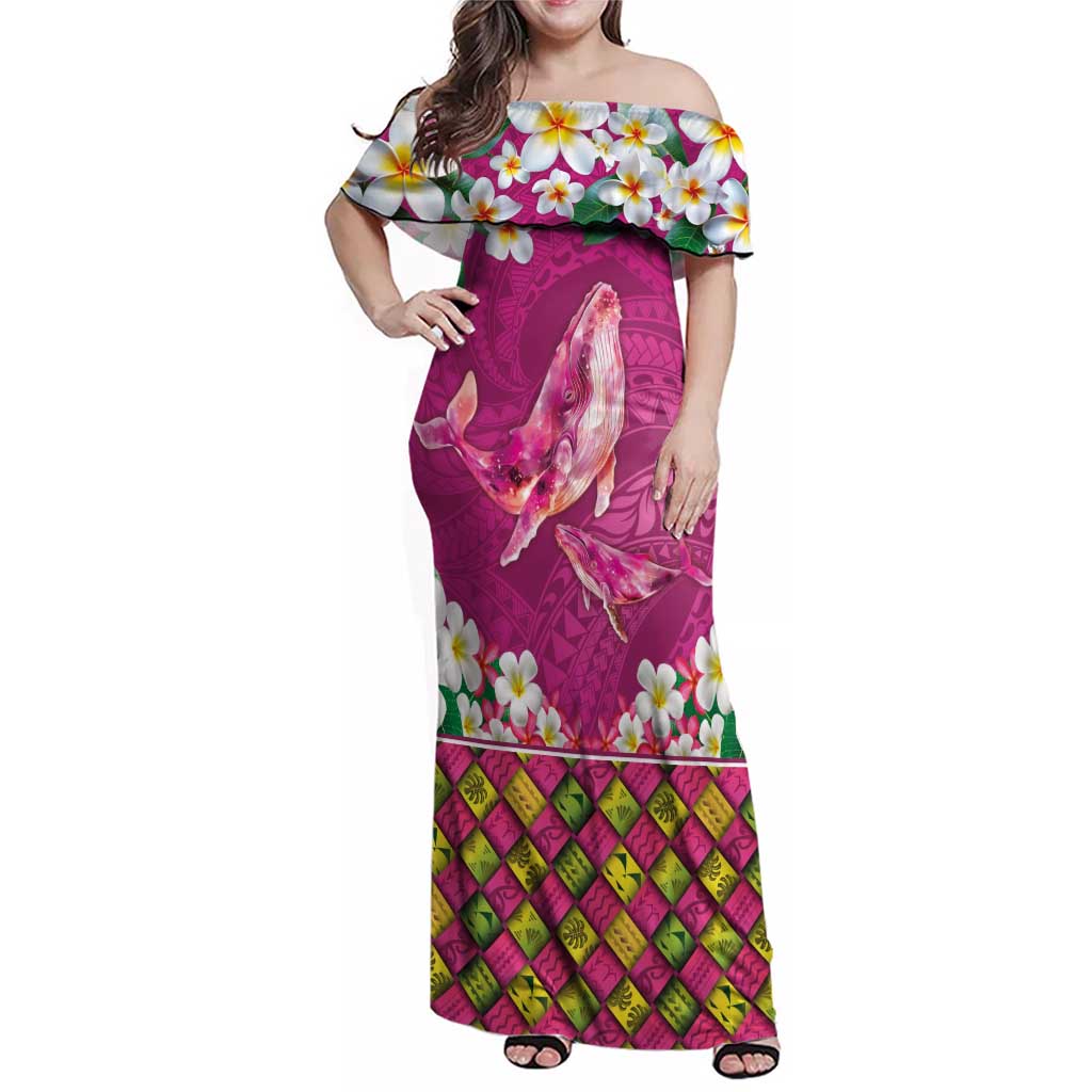 Hawaiian Plumeria and Humpback Whales Family Matching Off Shoulder Maxi Dress and Hawaiian Shirt Polynerian Art Tattoo-Plum Pink Color LT03 Mom's Dress Pink - Polynesian Pride