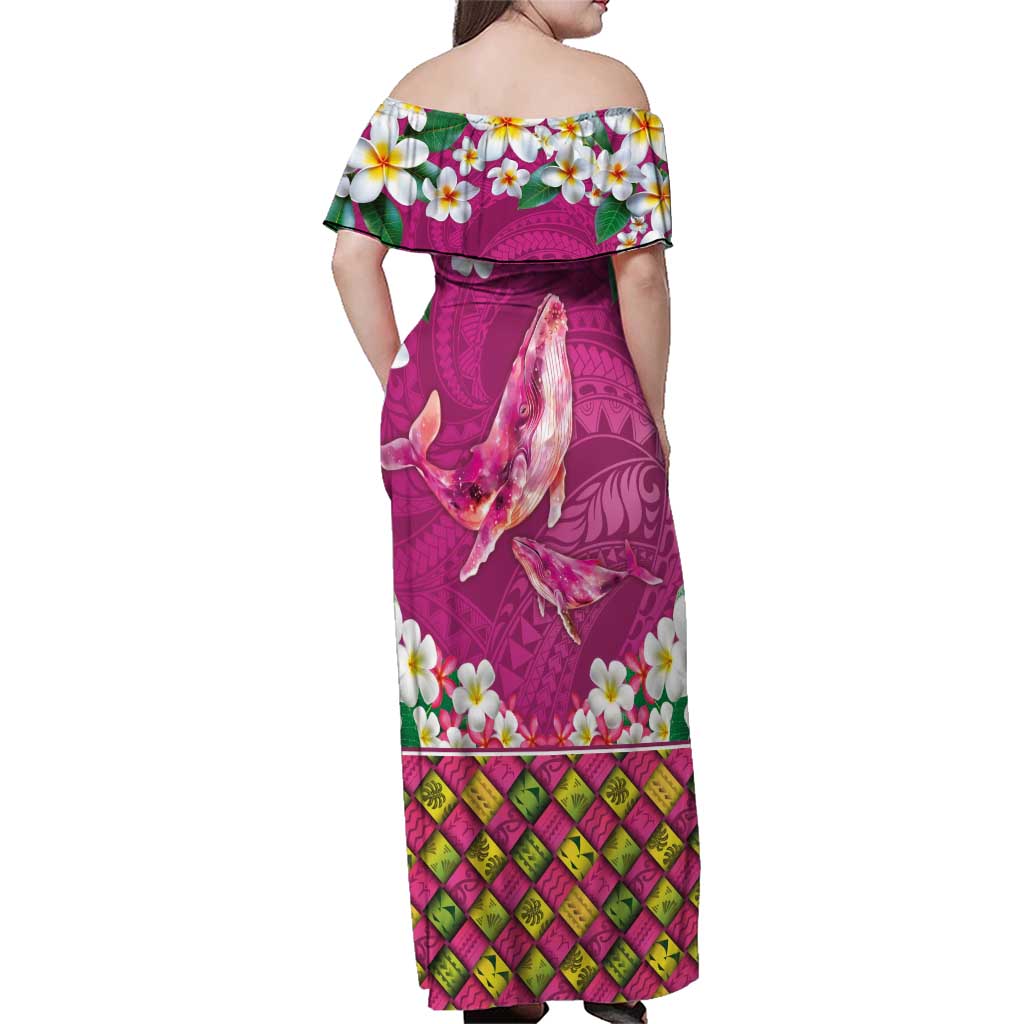 Hawaiian Plumeria and Humpback Whales Family Matching Off Shoulder Maxi Dress and Hawaiian Shirt Polynerian Art Tattoo-Plum Pink Color LT03 - Polynesian Pride